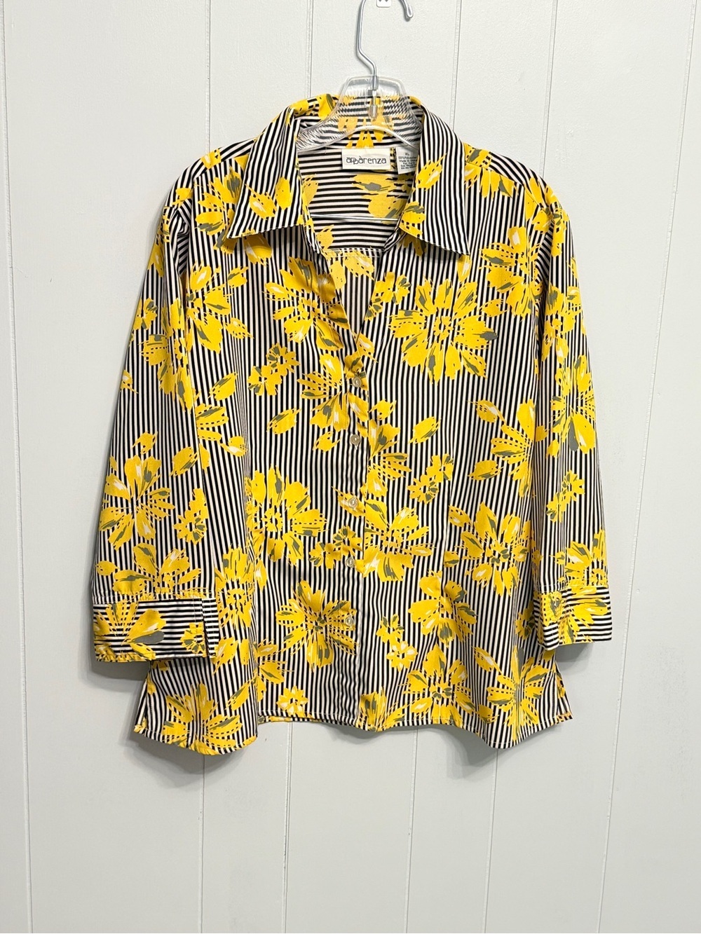 #17) Apparenza Yellow Floral Striped Button-Front blouse With 3/4 Sleeve
